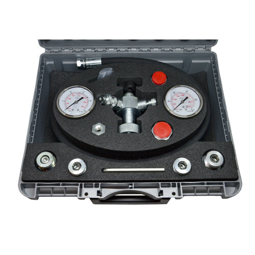 Gray case with a bottle filling unit with pressure gauges and screw connections  