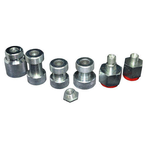  Adapter fittings for the filling and testing device with an external thread, the two adapters on the right have a red cover