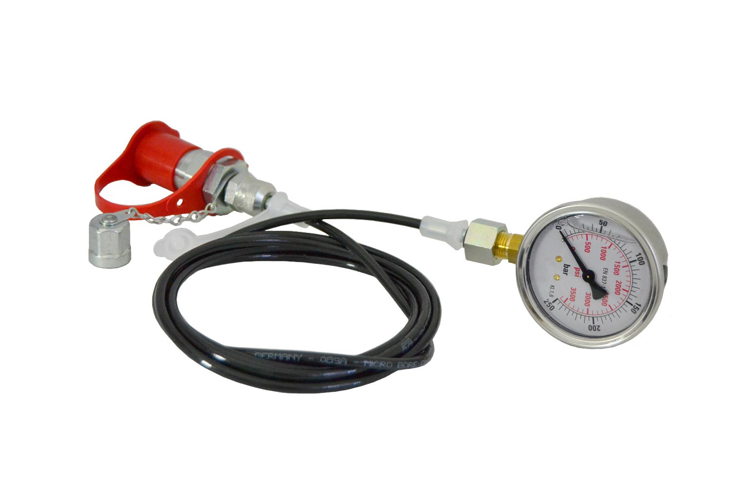 Hydraulic pressure tester with 250 bar glycerine pressure gauge, 2m measuring hose, measuring coupling and SVK plug-in coupling