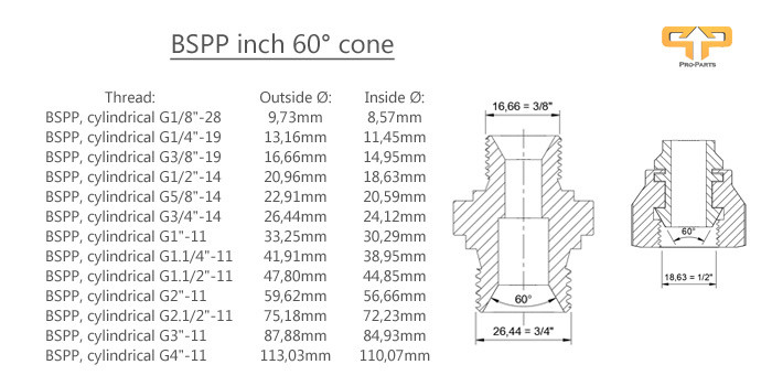 BSPP thread table and representation of a BSPP hydraulic screw connection with an internal and external thread 60° cone
