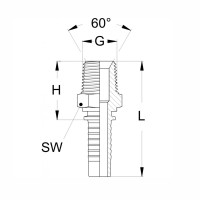 Technischezeichnung gerader Pressnippel mit kegeligem Außengewinde und den Abmaßen SW H G 60° Konus und L