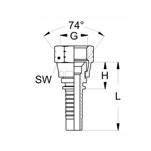 Technischezeichnung eines DKJ Pressnippels mit Innengewinde mit den Abmaßen SW G 74 grad Konus H und L
