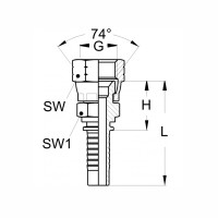 Technische Zeichnung Pressnippel gerade mit Innengewinde mit dem Abmaß SW SW1 G 74° Konus H und L