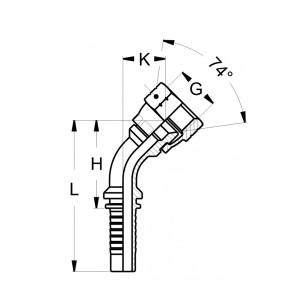 Technische Zeichnung eines Pressnippels im 45 grad Bogen mit den Abmassen L H K G und 74 grad Konus