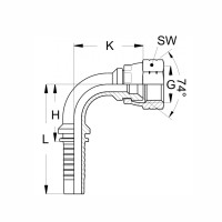 Technische Zeichnung eines JIC Pressnippels mit 74° Konus mit den Abmaßen L H K SW und G