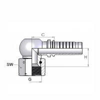 Technischezeichnung eines kompackten Pressnippels im 90 grad Bogen mit dem Abmaß G SW C und H
