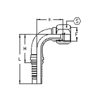 Technischezeichnung Pressnippel 90 grad Bogen mit langer Überwurfmutter mit den Abmaßen L H K S und F