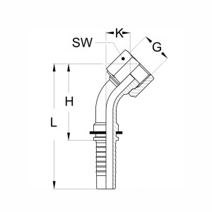 Technische Zeichnung eines ORFS Pressnippel im 45° WInkel mit den Abmaßen L H SW K und G