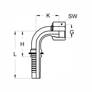 Technische Zeichnung eines ORFS Pressnippels wird im 90° Winkel nach rechts abgebildet mit den Abmaßen L H K SW und G