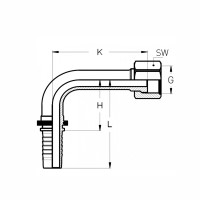 Technische Zeichnung eines Longdrop Pressnippel im 90° Winkel mit den Abmaßen H L K SW und G