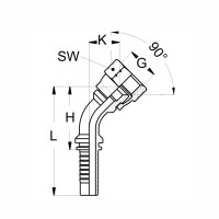 Technische Zeichnung eines 45° Pressnippels mit den Abmaßen L H SW K G und 90° Innenkonus