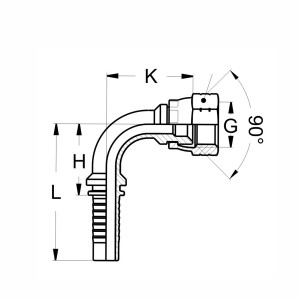 Technische Zeichnung eines Pressnippel das im 90° Bogen nach rechts zeigt mit den Abmaßen L H K G und 90° Innenkonus