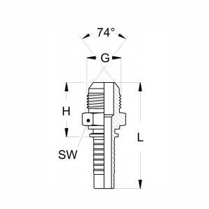 JIC Pressnippel mit Außengewinde Technischezeichnung  mit einem 74° Außenkonus und den Abmaßen SW H G 74° und L