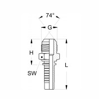 JIC Pressnippel mit Außengewinde Technischezeichnung  mit einem 74° Außenkonus und den Abmaßen SW H G 74° und L