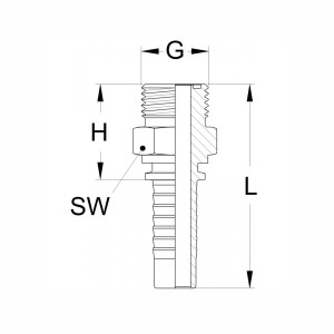 Technische Zeichnung eines ORFS Pressnippel mit Außengewinde ohne Konus und flachdichtend mit dem Abmaß SW H G und L