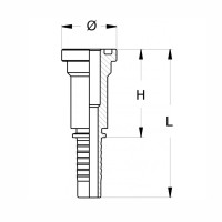 Technischezeichnung eine SAE Flanschnippels mit geradem Schlauchnippelanschluss mit den Abmaßen H L und Durchmessersymbol