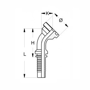 Flanschnippel wird im 45° Winkel als Technische Zeichnung dargestellt mit den Abmaße L H K und dem Durchmesser Symbol am Flansch