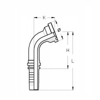SAE Flanschnippel wird im 67,5° Winkel als Technische Zeichnung dargestellt mit den Abmaßen K H L und dem Durchmesser Symbol