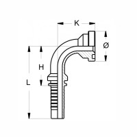 Technische Zeichnung eines SAE Flanschnippel im 90° Winkel mit den Abmaßen L H K und dem Durchmesser Symbol