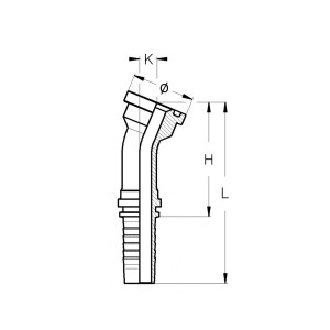 SAE Flansch mit Schlauchanschluss wird als technische Zeichnung dargestellt mit den Abmaßen K H L und dem Durchmesser Symbol