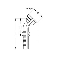 SAE Flansch mit Schlauchanschluss im 45° Winkel wird als technische Zeichnung dargestellt