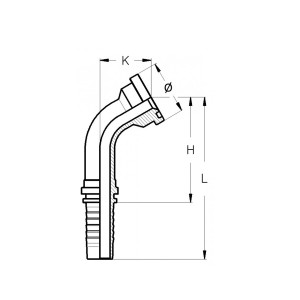 SAE Flansch mit Schlauchanschluss wird im 60° Winkel als technische Zeichnung dargestellt