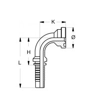 Technische Zeichnung eines SAE Flansch im 90° Winkel mit dem Abmaß L H K und dem Durchmesser Symbol