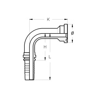 SAE Flanschnippel im 90° Winkel als Longdrop wird als Technische Zeichnung mit dem Abmaß H L K  und dem Durchmesser Symbol dargestellt