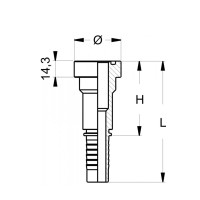 Technische Zeichnung eines CAT Flansch mit Schlauchanschluss mit den Abmaßen H L Durchmesser Symbol und 14,3 breite des Flanschtellers