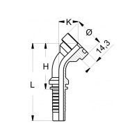 Technische Zeichnung eines CAT Flansch im 45° Winkel mit Schlauchanschluss mit dem Abmaß L H K Durchmesser Symbol und 14,3 Breite des Flanschtellers
