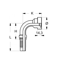 Technische Zeichnung eines CAT Flansch mit Schlauchanschluss im 90° Winkel mit dem Abmaß L H K Durchmesser Symbol und 14,3 breite des Flanschteller