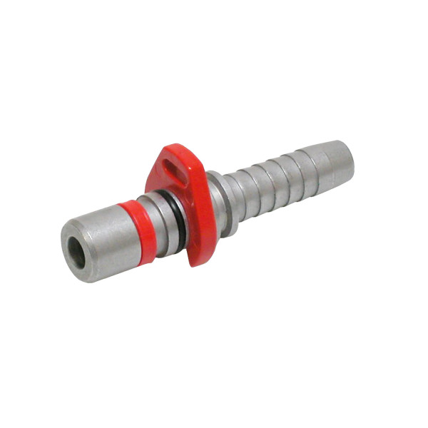 WEO Stecker mit Schlauchanschluss drehbar mit einem roten Montageanschlag wird diagonal nach links liegend dargestellt