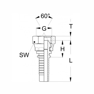 Technischezeichnung von einem NPT Pressnippel in gerader Form mit den Abmaßen SW G 60° Konus H T und L
