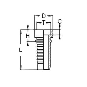 Technische Zeichnung eines Lötnippels mit Schlauchanschluss mit den Abmaßen L H T D und C