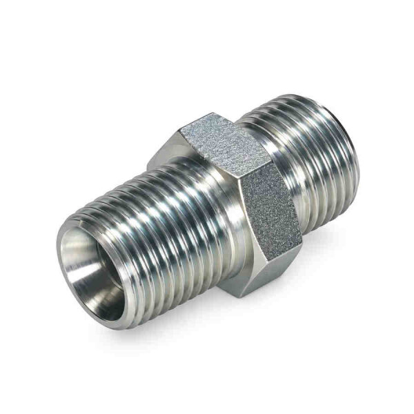 Gerade Einschraubverschraubung ORFS hat vorne ein NPT kegeliges Einschraubgewinde und hinten ein UN/UNF Anschlussgewinde