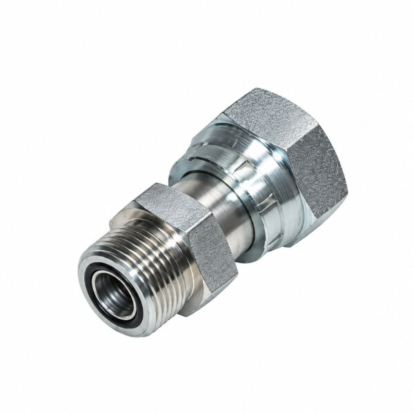 Gerade Adapter Verschraubung hat vorne ein ORFS Außengewinde mit Sechskant und hinten eine Überwurfmutter mit amerikanischem UN/UNF Innengewinde