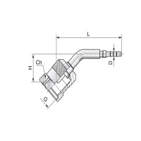 Technische Zeichnung von einem 45 grad Winkel Messschlauch Pressnipel mit den Abmaßen G H Ch L und D