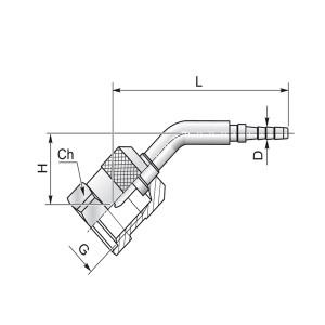 Technische Zeichnung eines Minimess Pressnippel im 45 grad Winkel mit den Bamassen G H Ch L und D