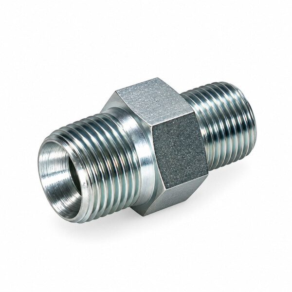 Gerade Einschraubverschraubung mit BSPP Anschlussgewinde und metrischem Einschraubgewinde wird diagonal im Bild dargestellt
