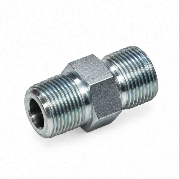 Gerade Einschraubverschraubung mit BSPP Anschlussgewinde und kegeligem BSPT Einschraubgewinde wird im Bild diagonal dargestellt