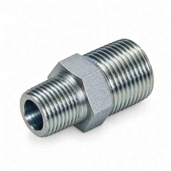 BSPT Außengewinde vorne ist ein kleinerer Außendurchmesser und hinten ein größerer Außendurchmesser zu sehen- die verschraubung wird im bild diagonal dargestellt