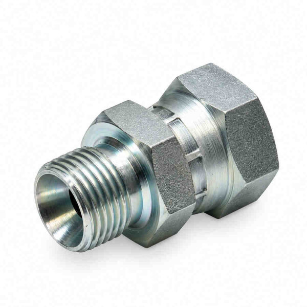 gerade Adapter Verschraubung mit zölligem Außengewinde vorne und vormontiert hinten mit zölligem innengewinde wird im bild diagonal dargestellt