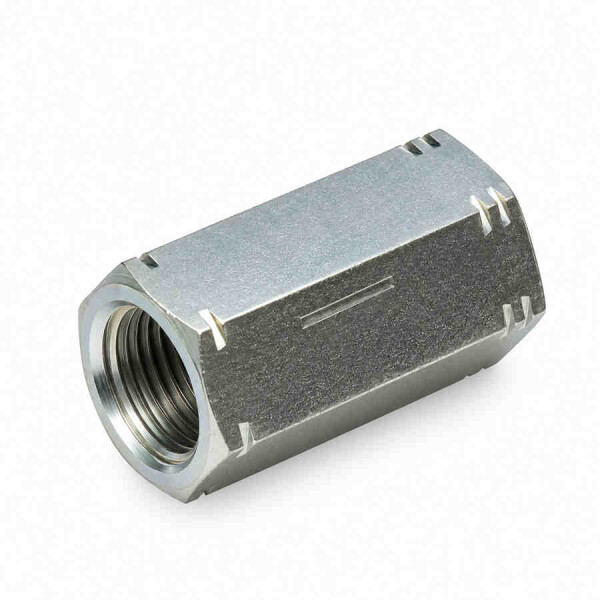 Gerader Verbinder mit BSPT und NPT kegeligem Innengewinde wird im Bild diagonal dargestellt