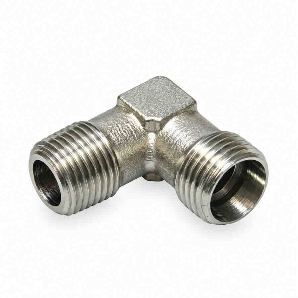 Winkel Einschraubverschraubung wird so dargestellt das zur Linken Seite das NPT kegelige Einschraubgewinde ist und zur Rechten der metrisch schwere Rohranschluss