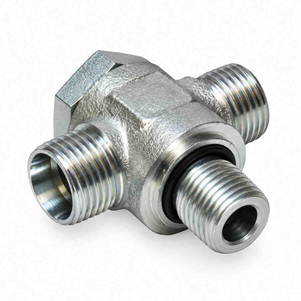T-Schwenkverschraubung drosselfrei metrisch schwer mit metrischem Einschraubgewinde mit Kammerring und O-Ring