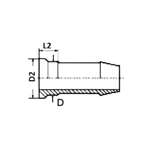 Technische Zeichnung einer flachdichtenden Niederdruckarmatur mit den Abmaßen D2 L2 und D