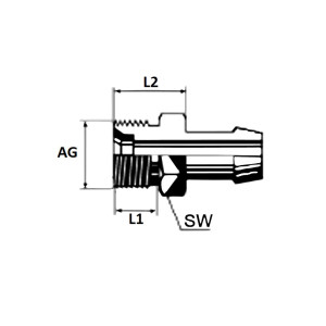 Technische Zeichnung einer Niederdruckarmatur NDA mit Außengewinde mit dem Abmaß AG L2 SW und L1
