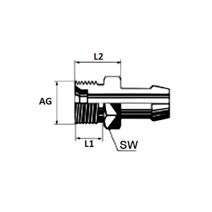 Technische Zeichnung des NDA Niederdruckpressnippel mit dem Abmaß AG L2 SW und L1
