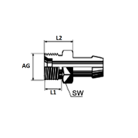 Technische Zeichnung des NDA Niederdruckpressnippel mit dem Abmaß AG L2 SW und L1
