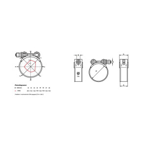 Technische Zeichnung einer Edelstahl Gelenkbolzenschelle W5